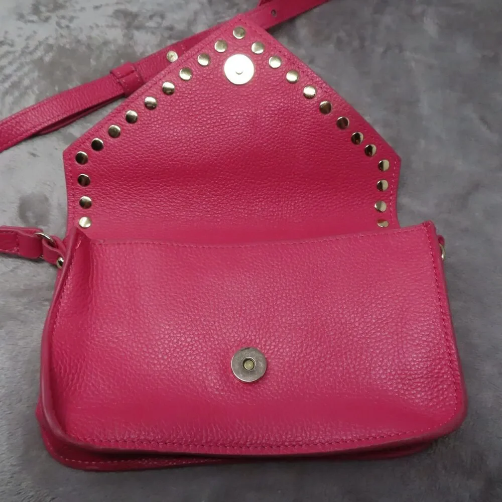 BTB Los Angeles Hot Pink Rocker Biker Styling Leather Gold Studded Crossbody Bag - Picture 12 of 16